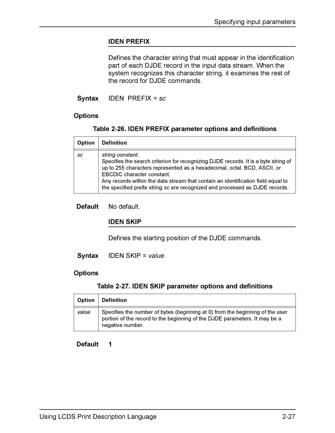 Xerox FreeFlow Options 26. Iden Prefix parameter options and definitions, String constant, Ebcdic character constant 