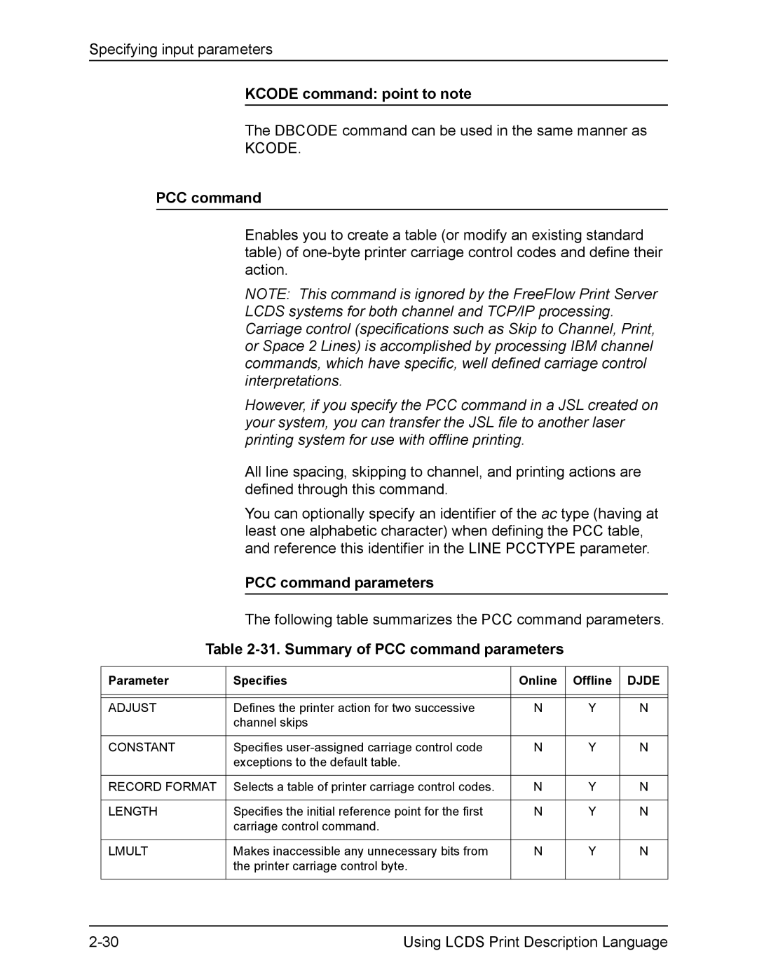 Xerox FreeFlow manual Kcode command point to note, Summary of PCC command parameters 