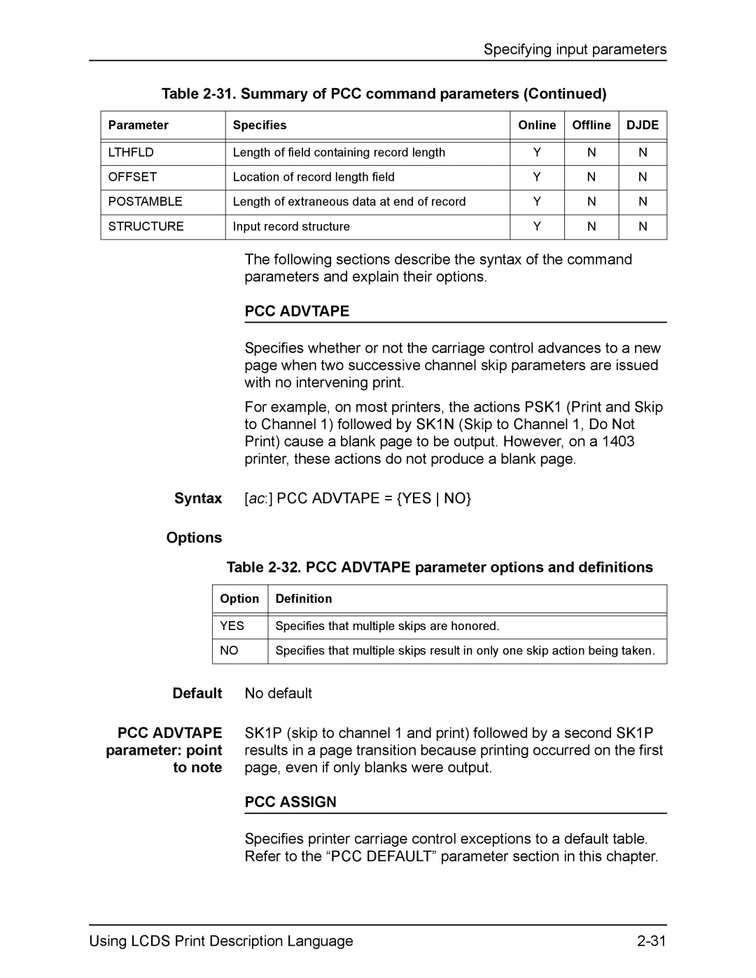 Xerox FreeFlow manual Options 32. PCC Advtape parameter options and definitions, PCC Assign 