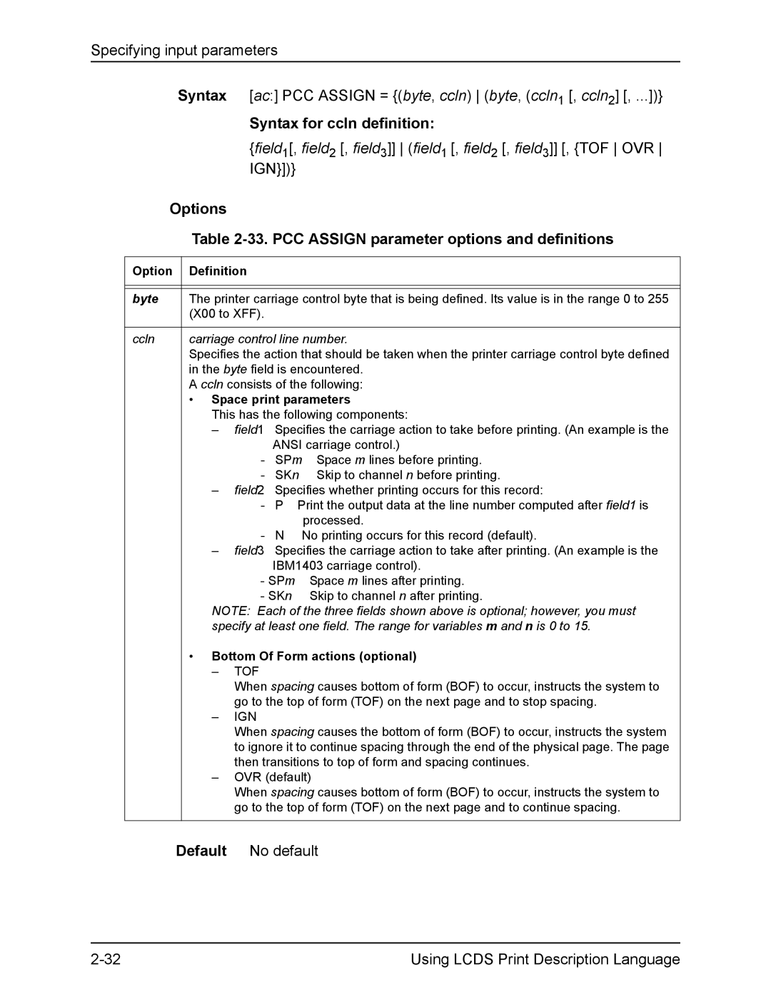 Xerox FreeFlow manual Syntax for ccln definition, Options 33. PCC Assign parameter options and definitions, Field 