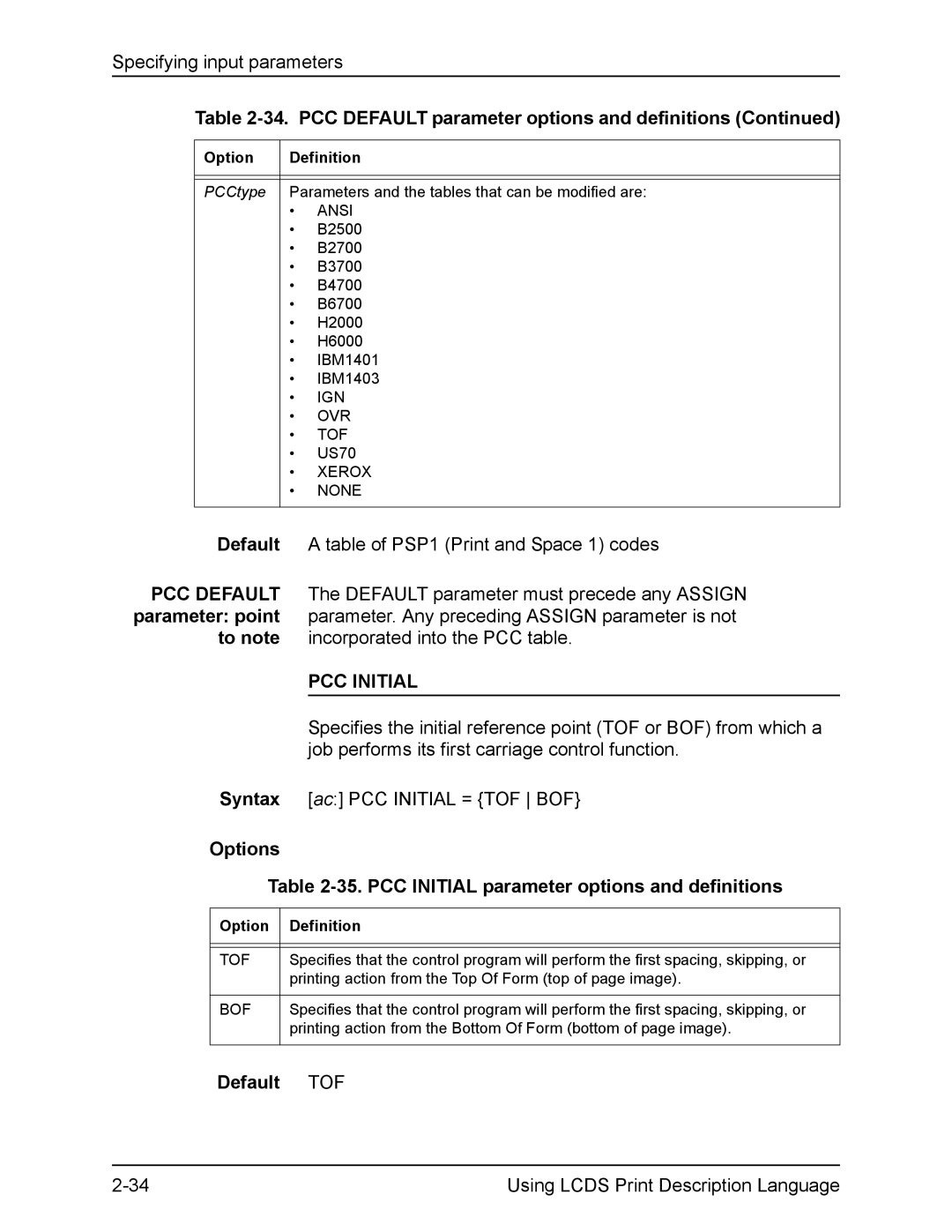 Xerox FreeFlow manual Options 35. PCC Initial parameter options and definitions, Default TOF 