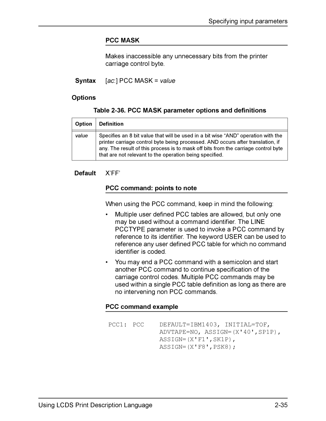 Xerox FreeFlow manual Options 36. PCC Mask parameter options and definitions, Default X’FF’ PCC command points to note 