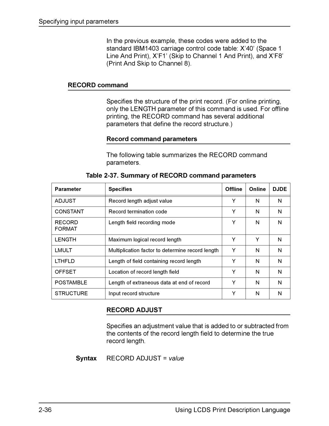 Xerox FreeFlow manual Summary of Record command parameters, Record Adjust 