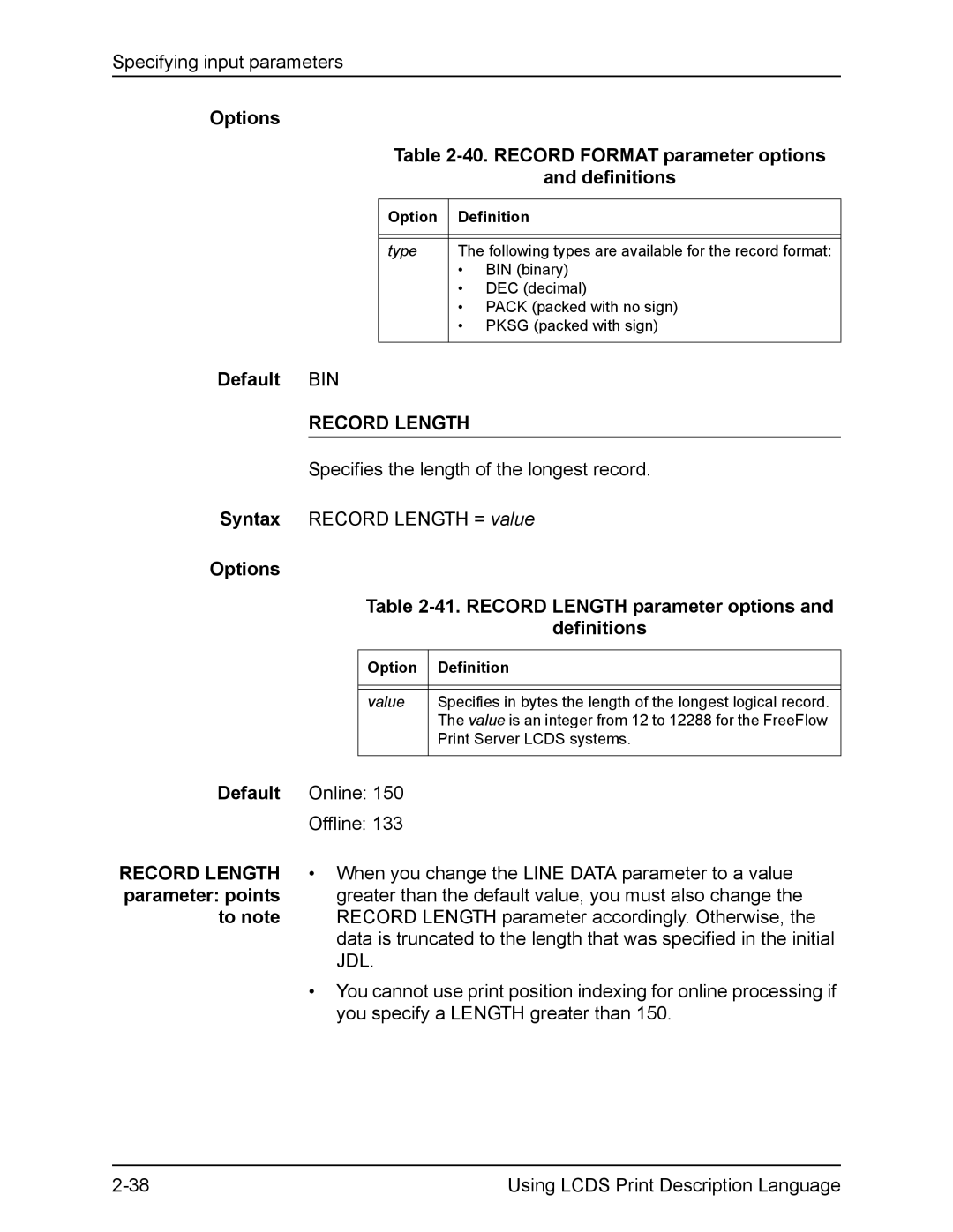 Xerox FreeFlow manual Options 41. Record Length parameter options Definitions, Parameter points 