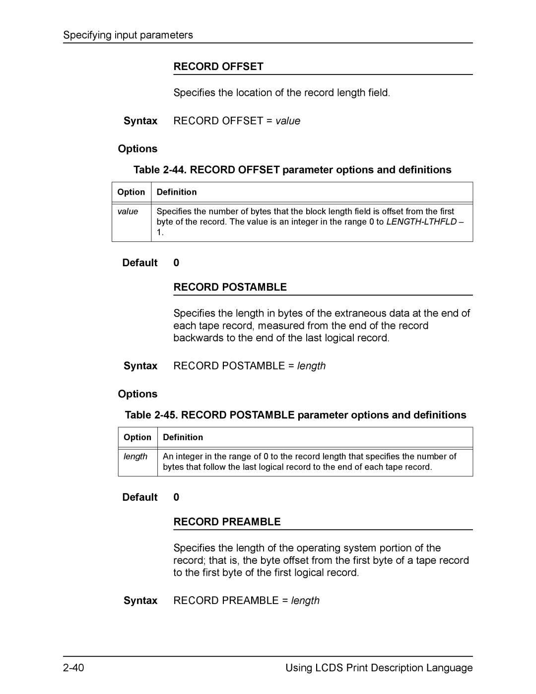 Xerox FreeFlow manual Options 44. Record Offset parameter options and definitions, Record Postamble, Record Preamble 