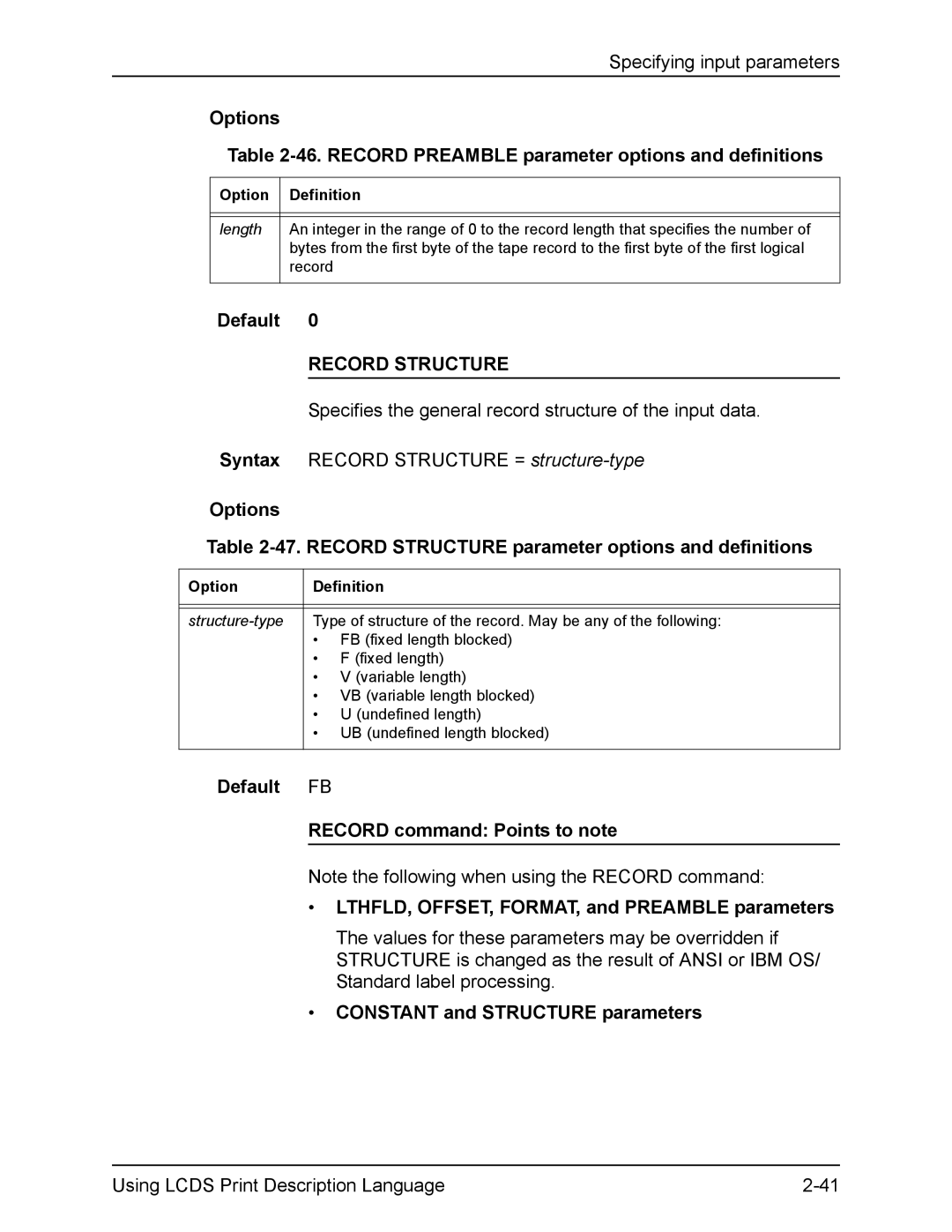 Xerox FreeFlow Record Structure, Default Record command Points to note, LTHFLD, OFFSET, FORMAT, and Preamble parameters 