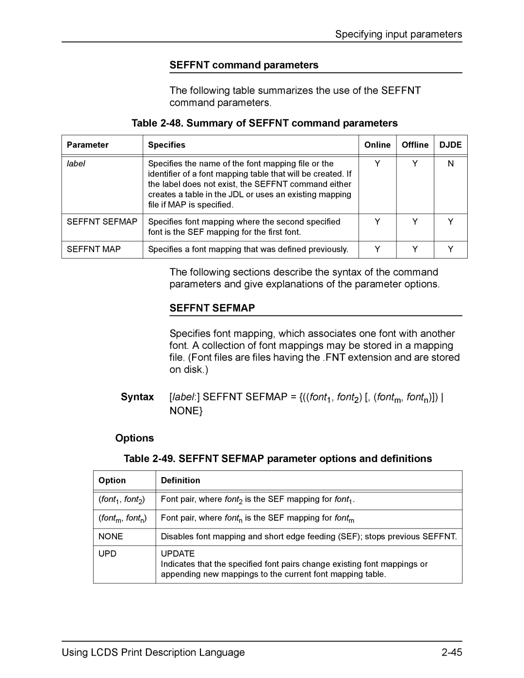 Xerox FreeFlow manual Summary of Seffnt command parameters, Seffnt Sefmap 