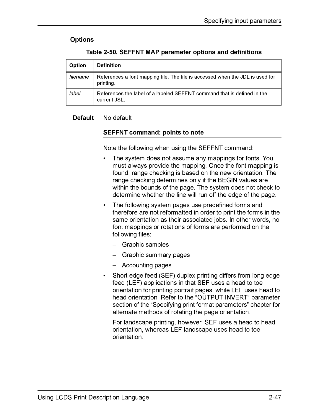 Xerox FreeFlow manual Options 50. Seffnt MAP parameter options and definitions, Seffnt command points to note 