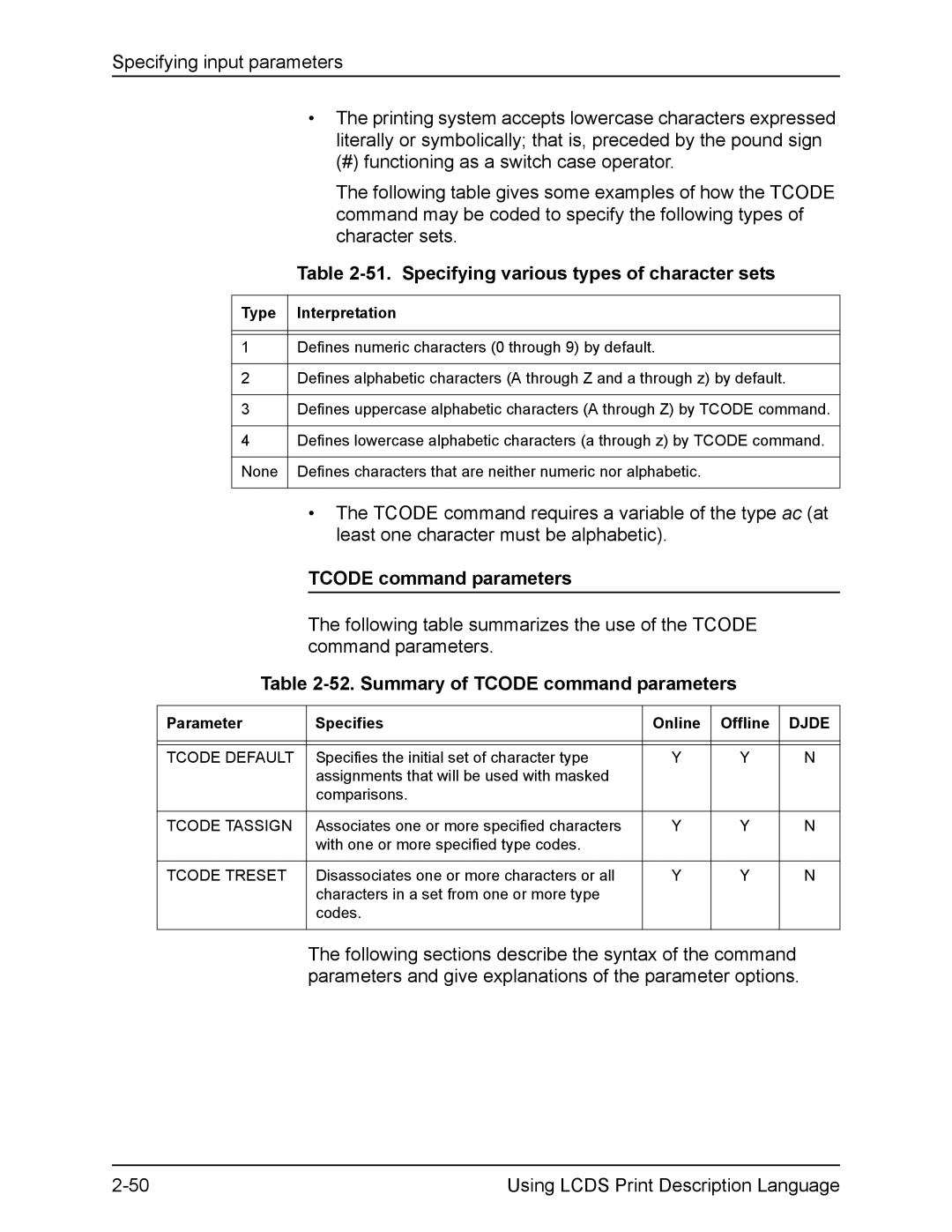 Xerox FreeFlow manual Specifying various types of character sets, Summary of Tcode command parameters 