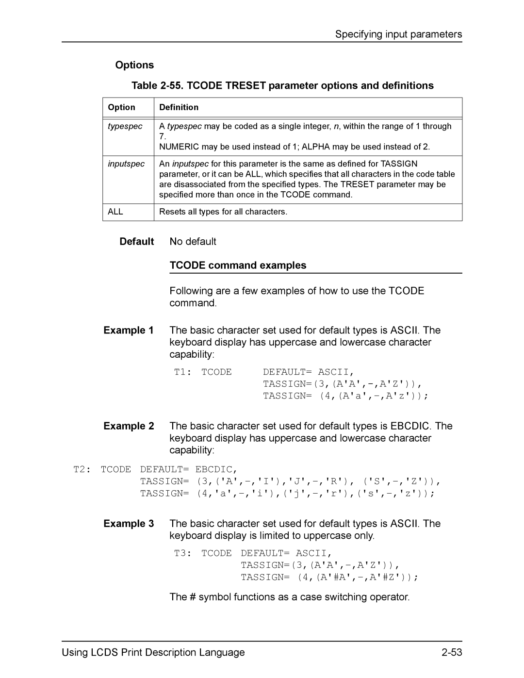 Xerox FreeFlow manual Options 55. Tcode Treset parameter options and definitions, Tcode command examples 