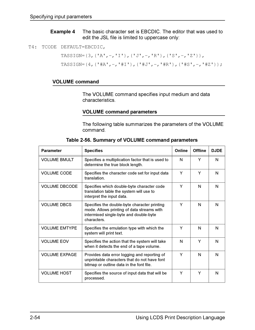 Xerox FreeFlow manual T4 Tcode DEFAULT=EBCDIC, Summary of Volume command parameters 