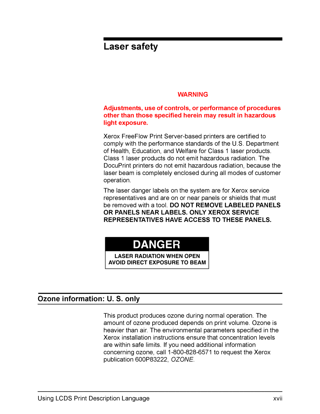 Xerox FreeFlow manual Laser safety, Ozone information U. S. only 