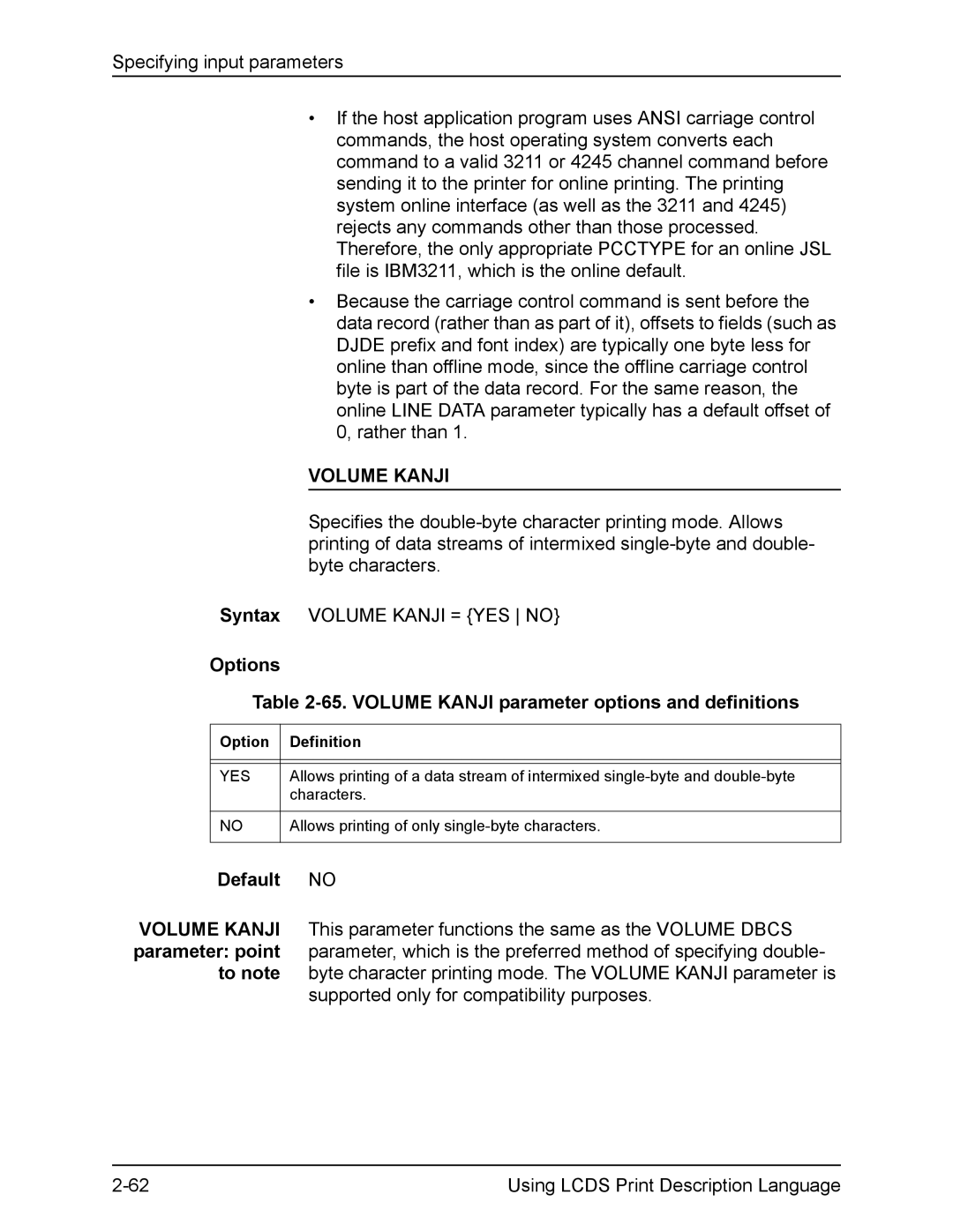 Xerox FreeFlow manual Options 65. Volume Kanji parameter options and definitions 