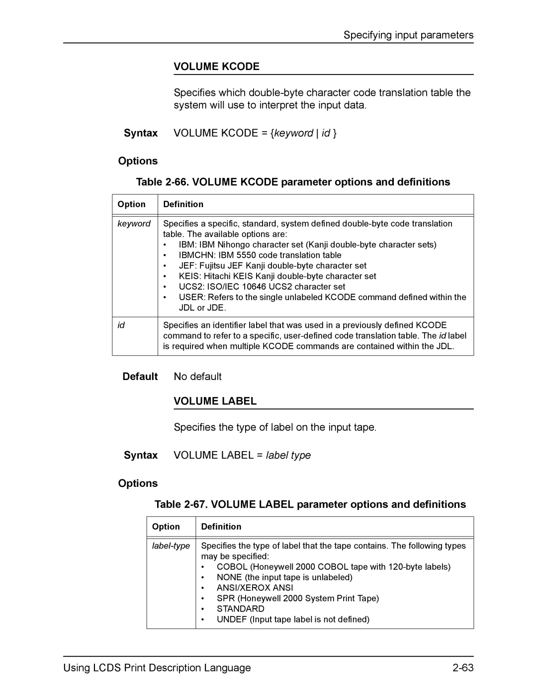 Xerox FreeFlow manual Options 66. Volume Kcode parameter options and definitions, Syntax 