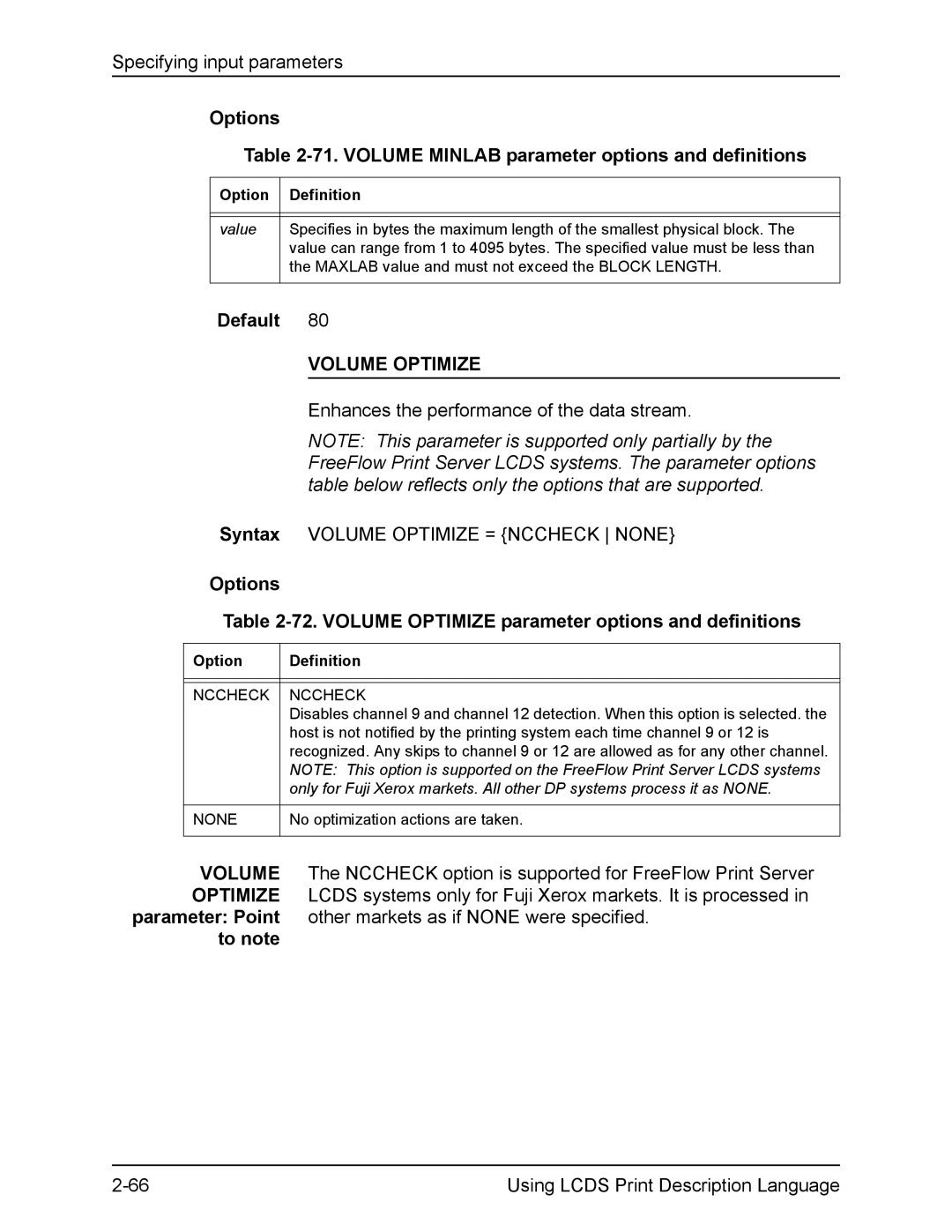 Xerox FreeFlow manual Options 71. Volume Minlab parameter options and definitions, Volume Optimize, Nccheck 