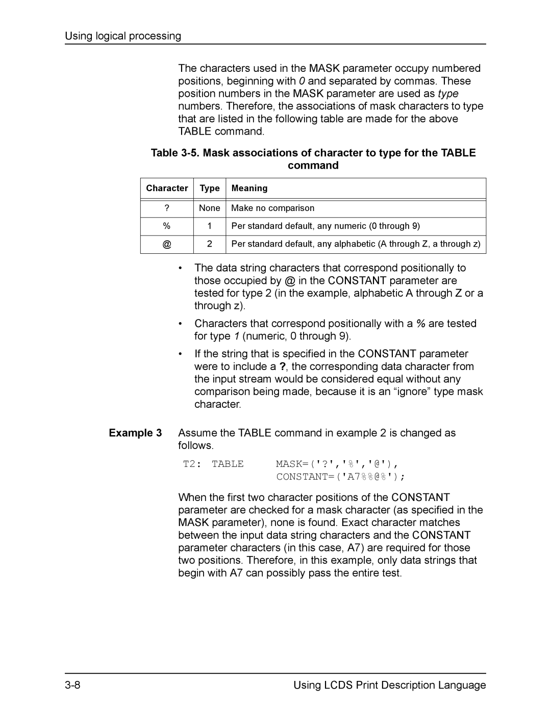 Xerox FreeFlow manual Mask associations of character to type for the Table Command, T2 Table 