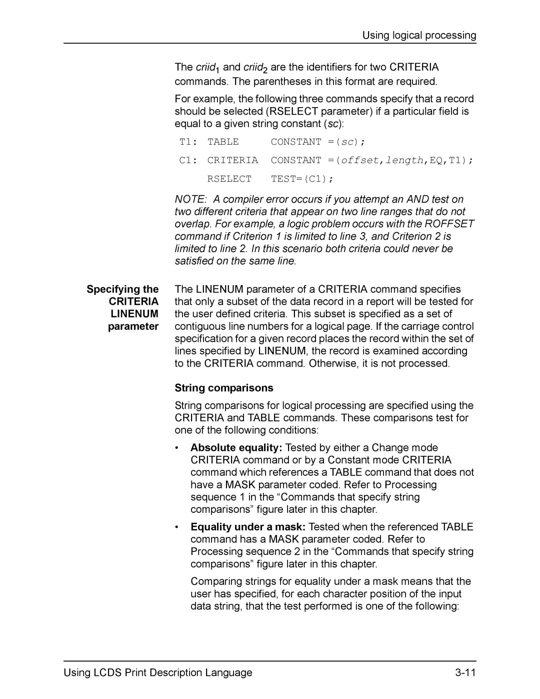 Xerox FreeFlow manual C1 Criteria Constant =offset,length,EQ,T1, Rselect TEST=C1, String comparisons 