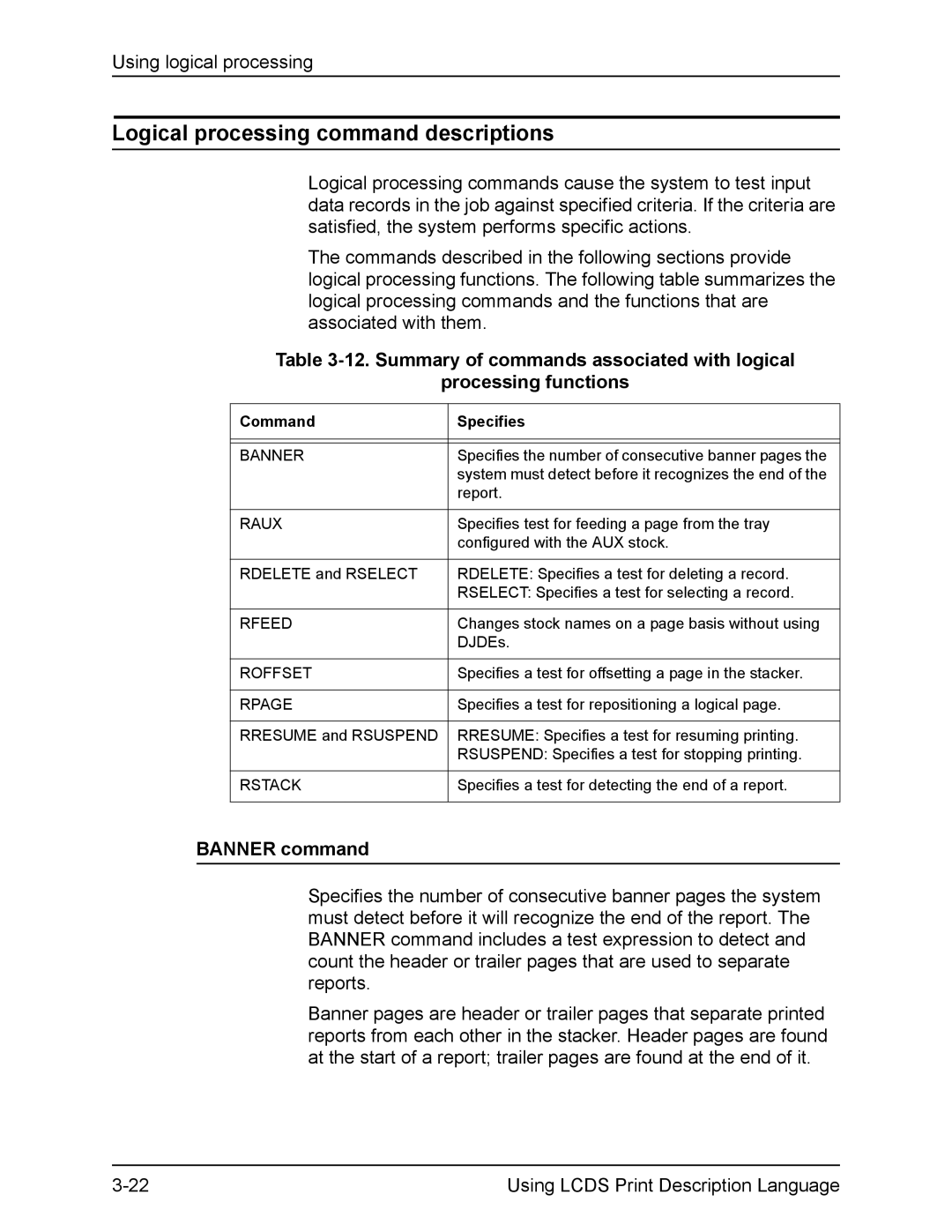 Xerox FreeFlow manual Logical processing command descriptions, Banner command 