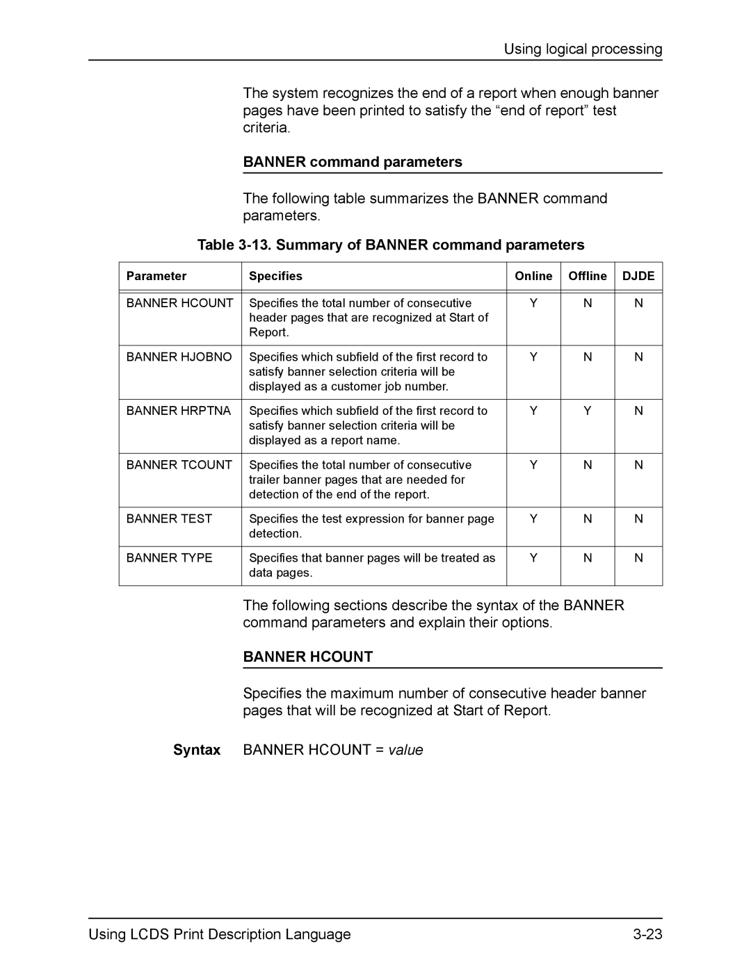 Xerox FreeFlow manual Summary of Banner command parameters, Banner Hcount 