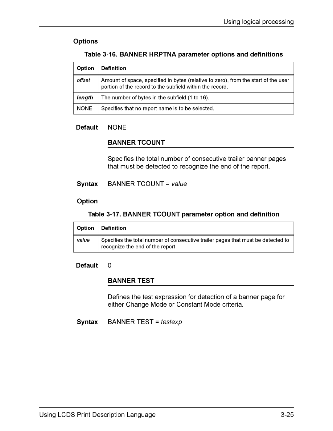 Xerox FreeFlow manual Options 16. Banner Hrptna parameter options and definitions, Banner Tcount, Banner Test 