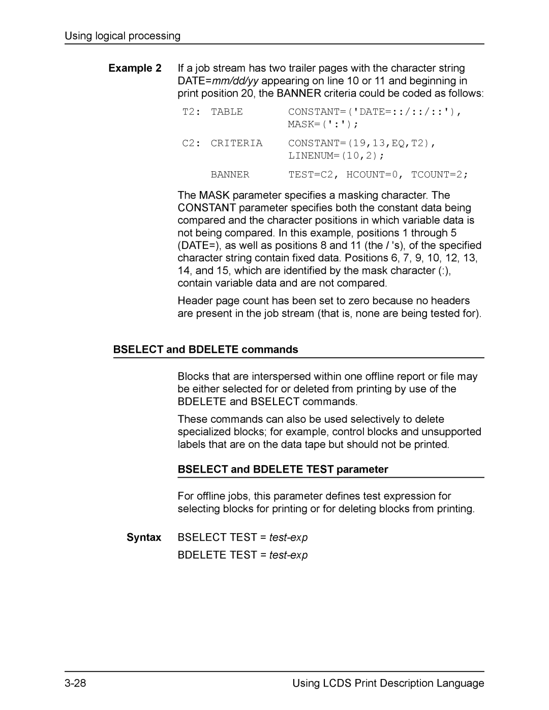 Xerox FreeFlow manual C2 Criteria, Bselect and Bdelete commands, Bselect and Bdelete Test parameter 