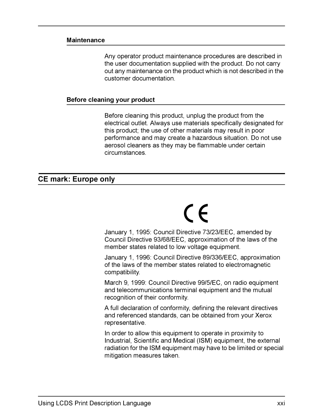 Xerox FreeFlow manual CE mark Europe only, Maintenance, Before cleaning your product 