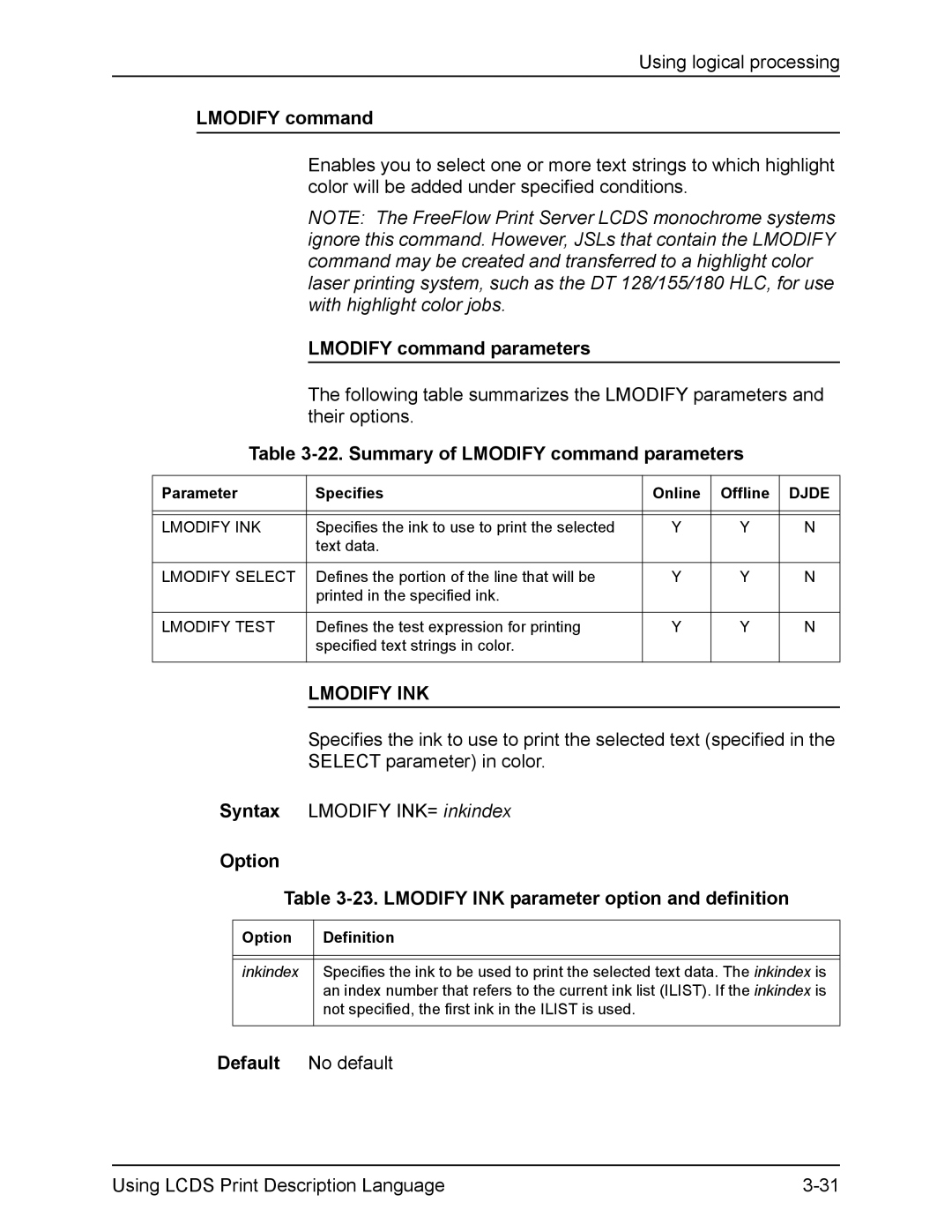 Xerox FreeFlow manual Summary of Lmodify command parameters, Lmodify INK 