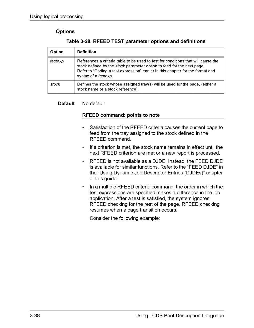 Xerox FreeFlow manual Rfeed Test parameter options and definitions, Rfeed command points to note 