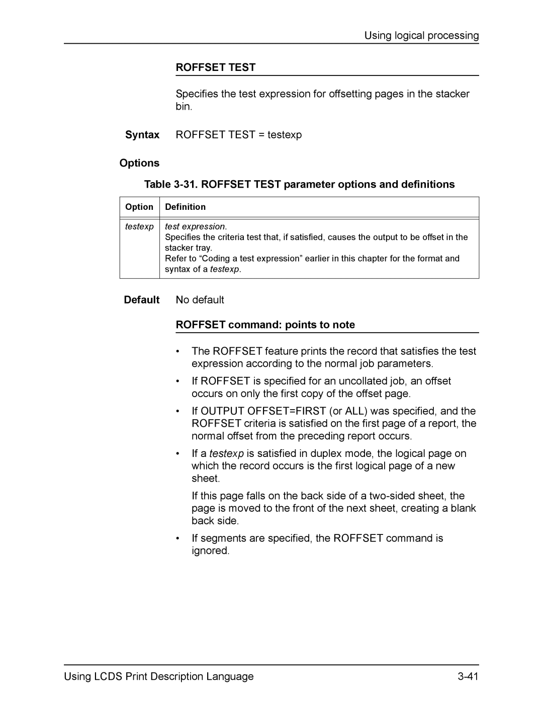 Xerox FreeFlow manual Options 31. Roffset Test parameter options and definitions, Roffset command points to note 