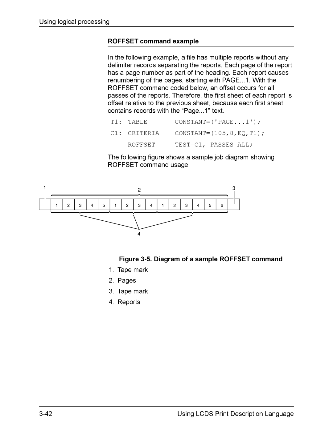 Xerox FreeFlow manual Roffset command example, T1 Table CONSTANT=PAGE...1 C1 Criteria, Roffset TEST=C1, PASSES=ALL 