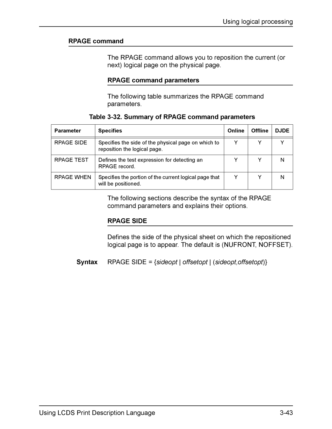 Xerox FreeFlow manual Summary of Rpage command parameters, Rpage Side 