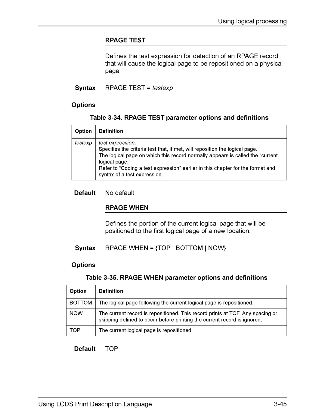 Xerox FreeFlow manual Options 34. Rpage Test parameter options and definitions, Default TOP 