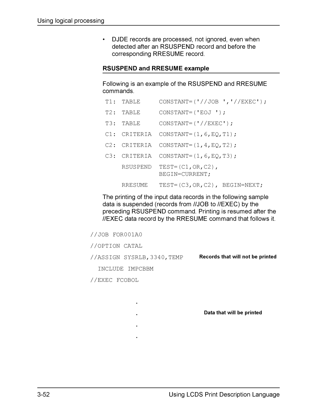 Xerox FreeFlow manual Rsuspend and Rresume example, Begin=Current, Option Catal Assign SYSRLB,3340,TEMP 