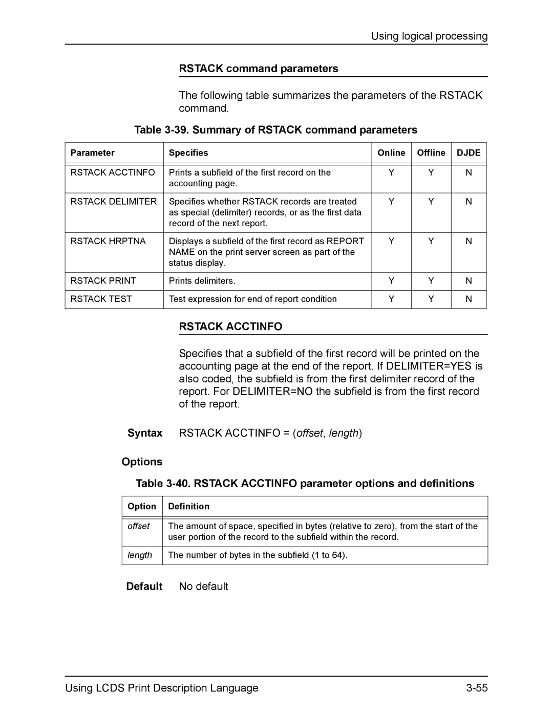 Xerox FreeFlow manual Summary of Rstack command parameters, Rstack Acctinfo 