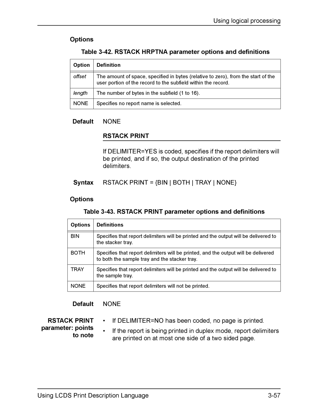 Xerox FreeFlow manual Options 42. Rstack Hrptna parameter options and definitions, Rstack Print 