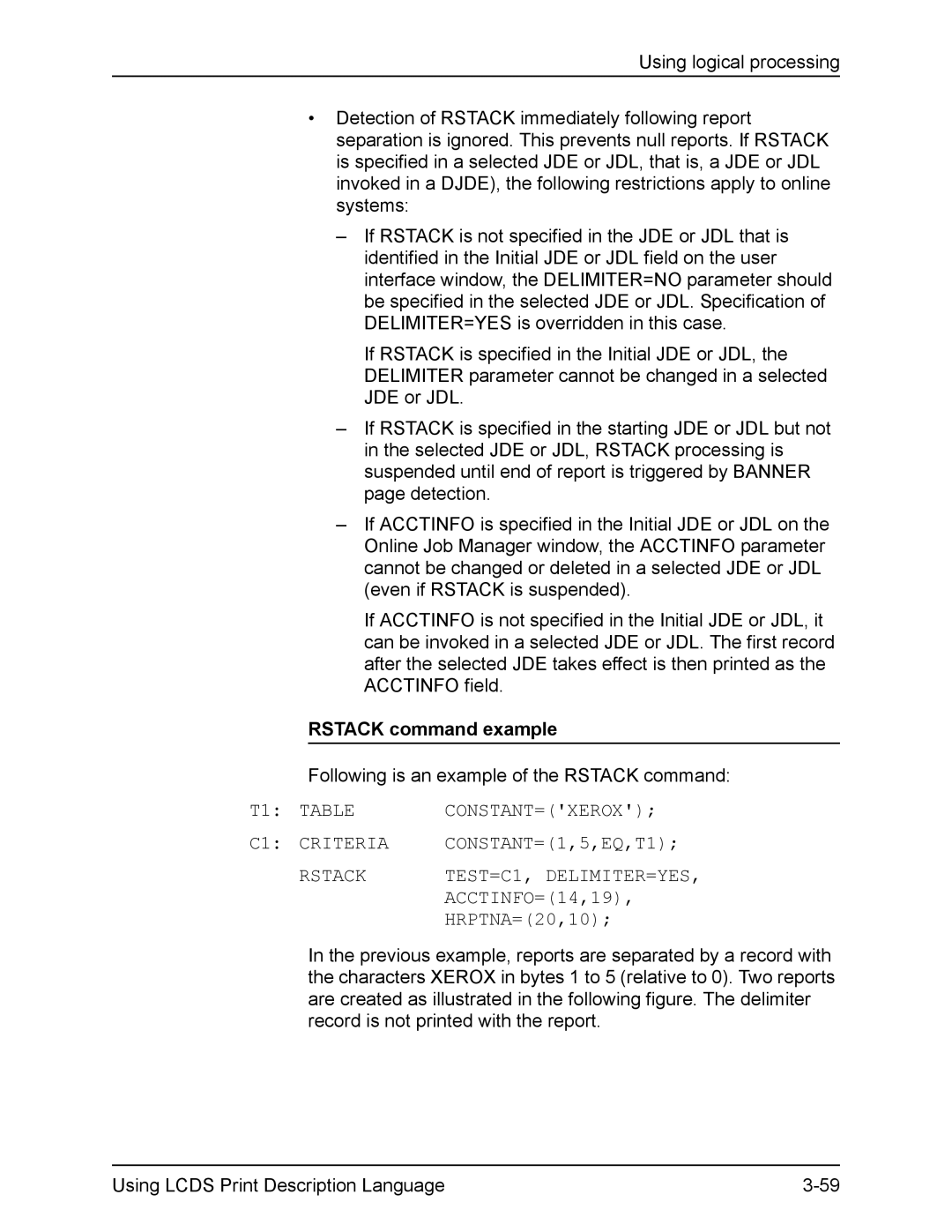 Xerox FreeFlow manual Rstack command example, ACCTINFO=14,19, HRPTNA=20,10 