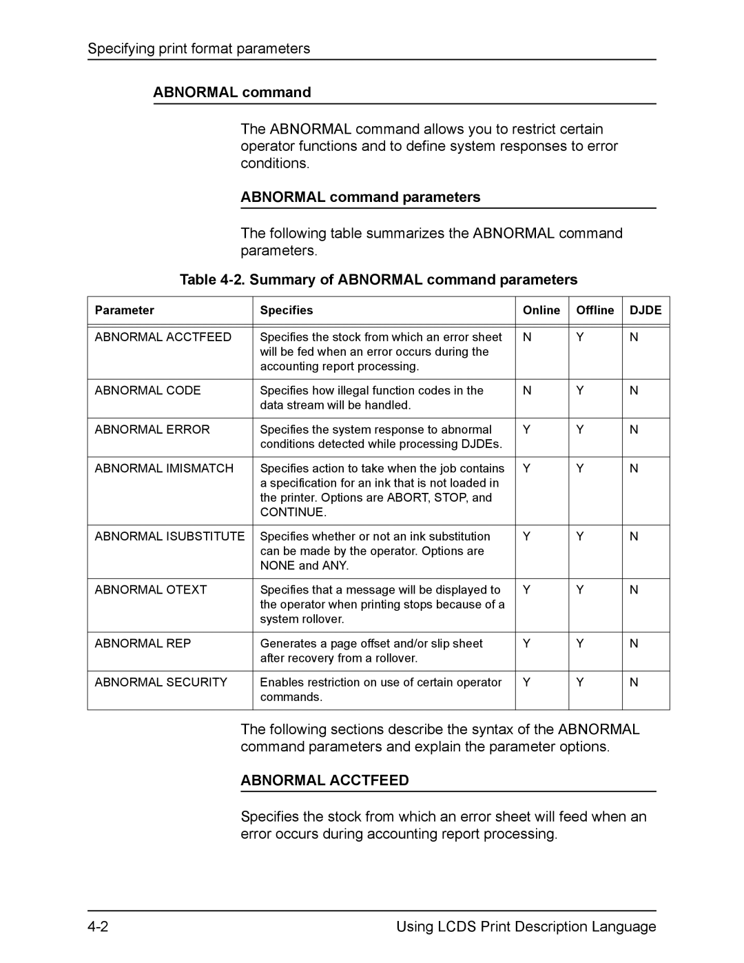 Xerox FreeFlow manual Summary of Abnormal command parameters, Abnormal Acctfeed 