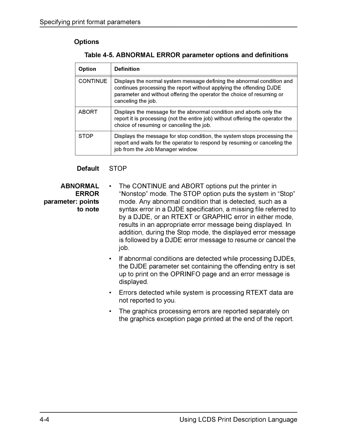 Xerox FreeFlow manual Options Abnormal Error parameter options and definitions 