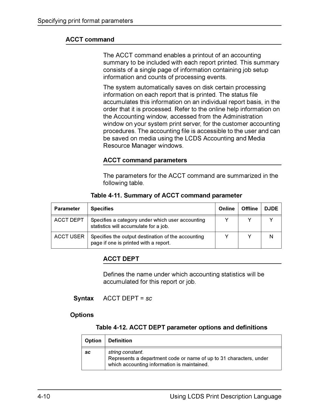 Xerox FreeFlow manual Acct command parameters, Summary of Acct command parameter, Acct Dept 