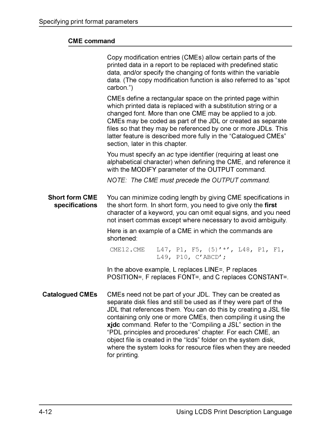 Xerox FreeFlow manual CME command, CME12.CME, L47, L49 P10, C’ABCD’ 