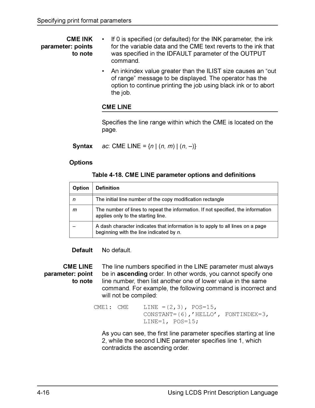 Xerox FreeFlow Options 18. CME Line parameter options and definitions, CME1 CME, Line =2,3, POS=15, LINE=1, POS=15 