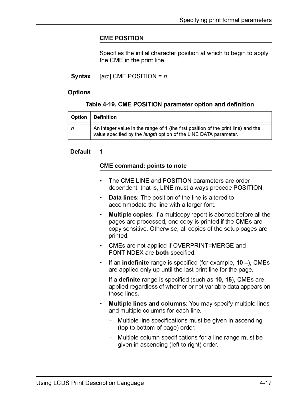 Xerox FreeFlow manual Options 19. CME Position parameter option and definition, Default CME command points to note 