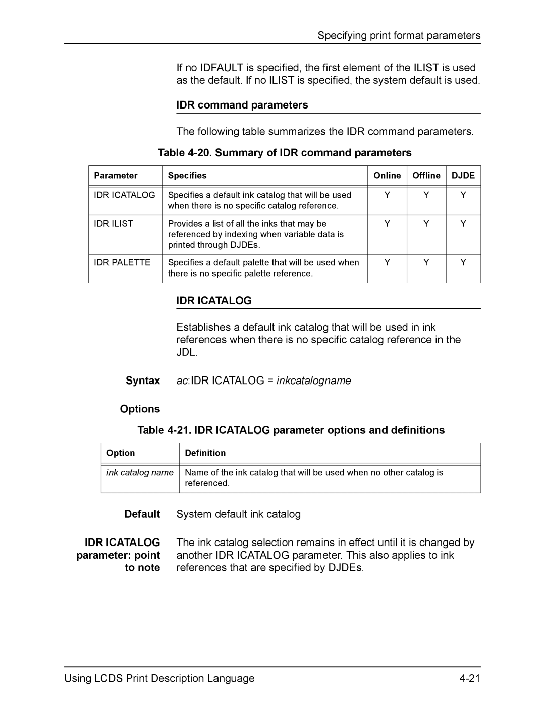 Xerox FreeFlow manual Summary of IDR command parameters, IDR Icatalog, Ink catalog name 