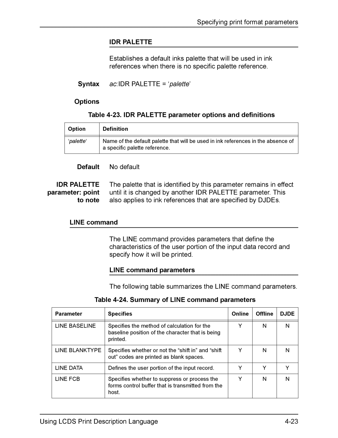 Xerox FreeFlow manual Options 23. IDR Palette parameter options and definitions, Line command parameters 