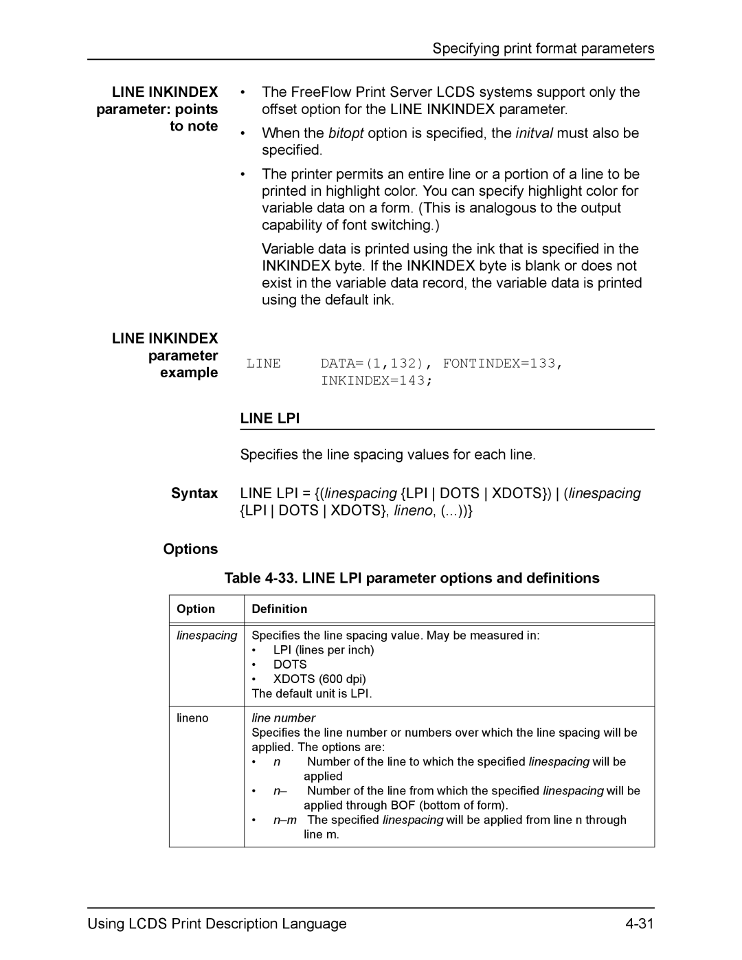 Xerox FreeFlow manual Parameter, DATA=1,132, FONTINDEX=133, INKINDEX=143, Line LPI 