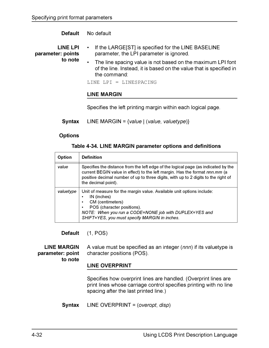 Xerox FreeFlow manual Default Line LPI parameter points to note Syntax Options, Line LPI = Linespacing, Line Margin 