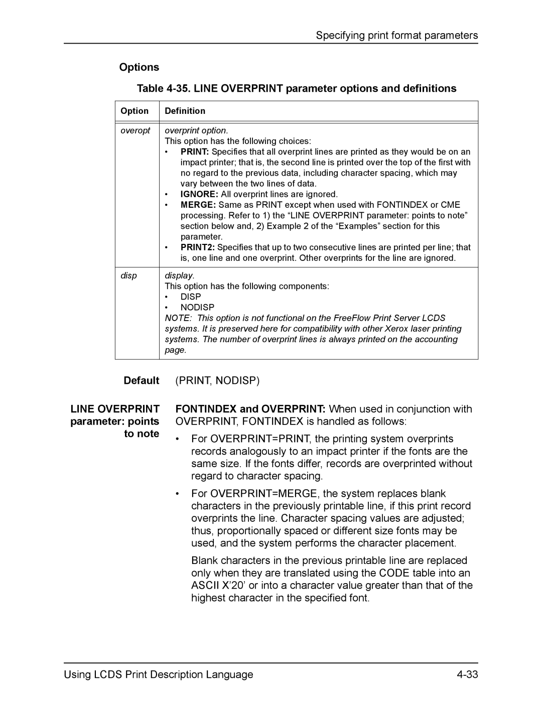 Xerox FreeFlow manual Options 35. Line Overprint parameter options and definitions 