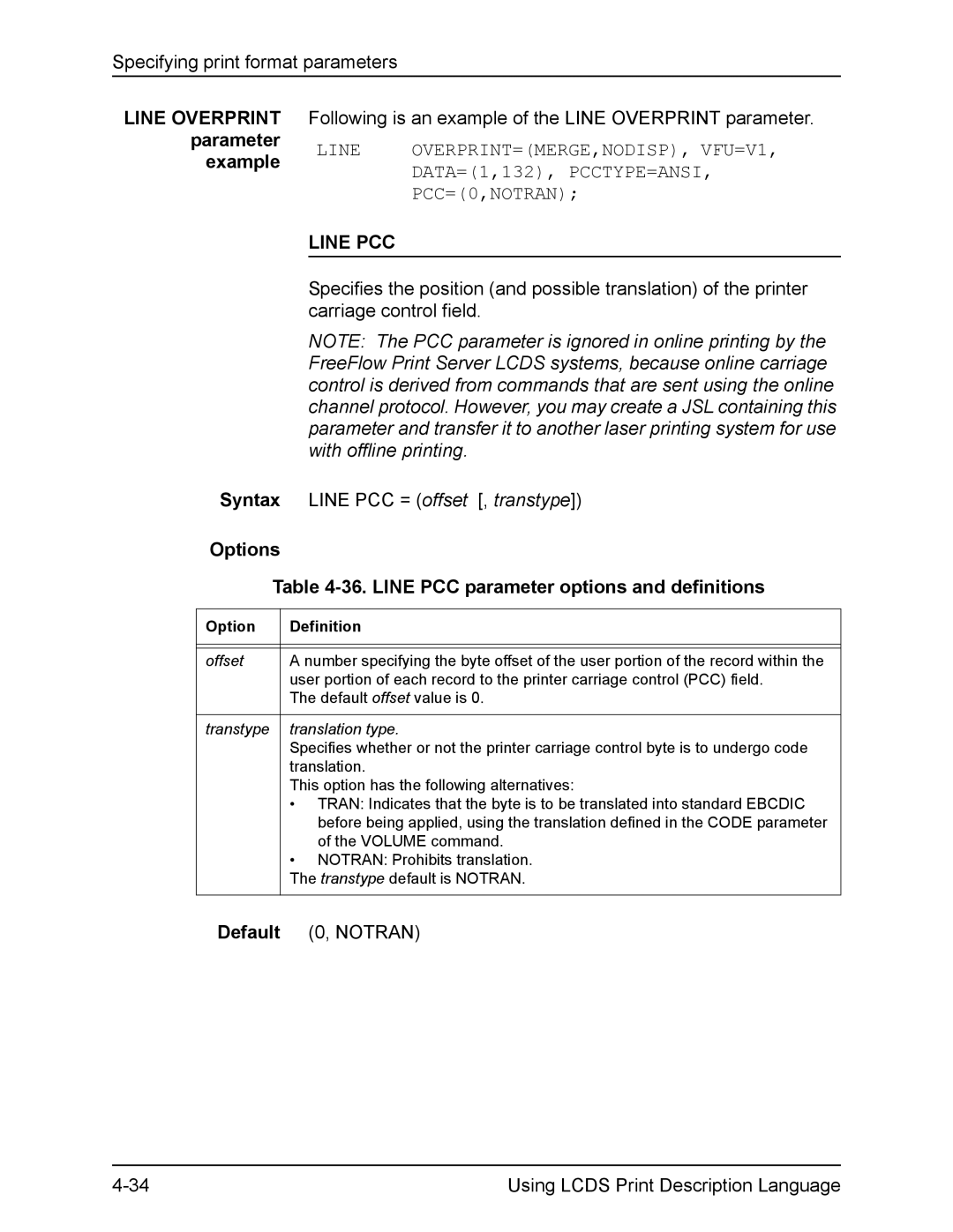 Xerox FreeFlow manual Line Overprint parameter example, DATA=1,132, PCCTYPE=ANSI, PCC=0,NOTRAN, Line PCC 