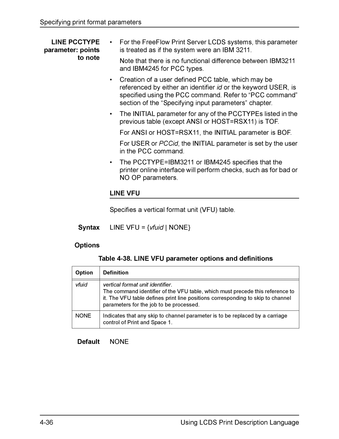 Xerox FreeFlow manual Line VFU parameter options and definitions, Control of Print and Space 