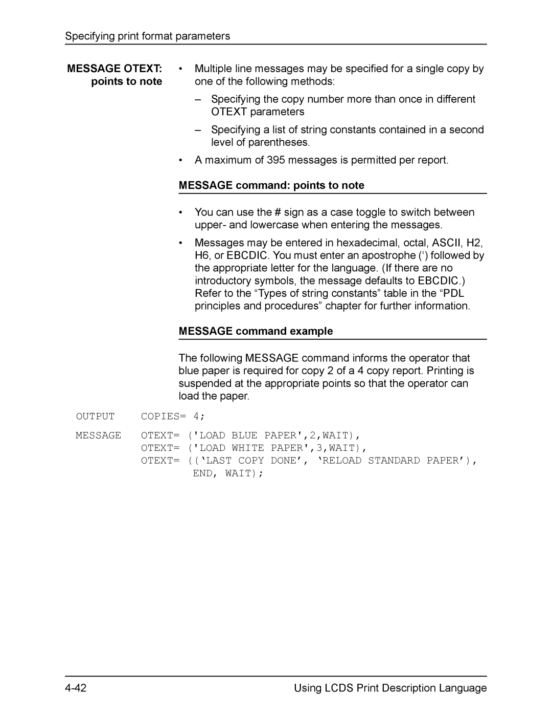 Xerox FreeFlow manual Message command points to note, Message command example 